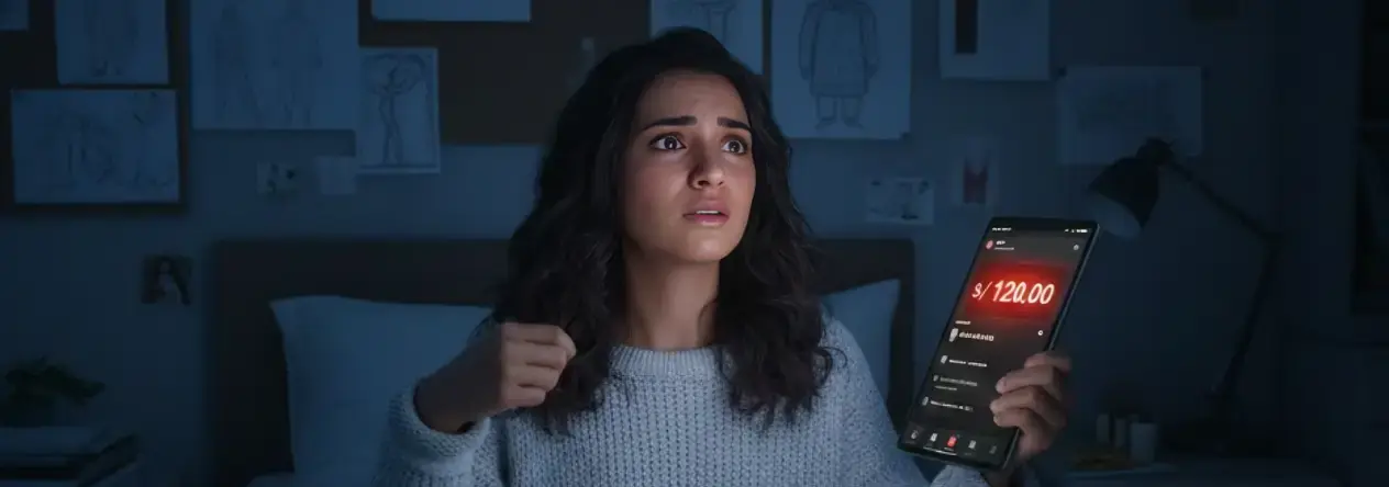 Emprendedora joven preocupada mirando saldo bancario bajo en su celular Emprendedora joven preocupada mirando saldo bancario bajo en su celular